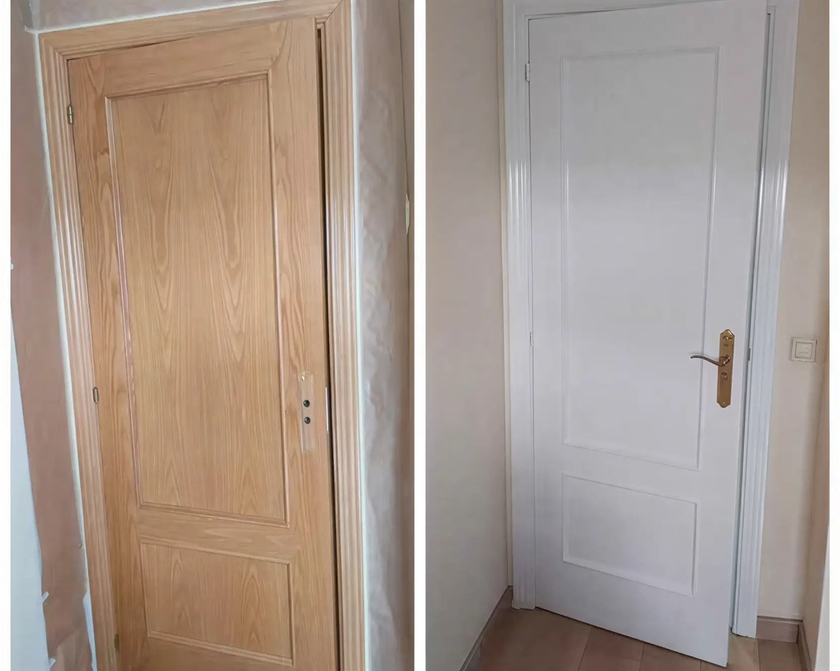 Antes y después de lacar puerta de madera en blanco por Los Pintores Segovia