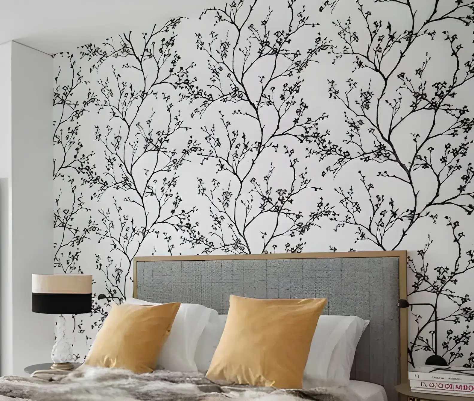 Los Pintores Segovia instalando papel pintado de ramas en cabecero de dormitorio moderno