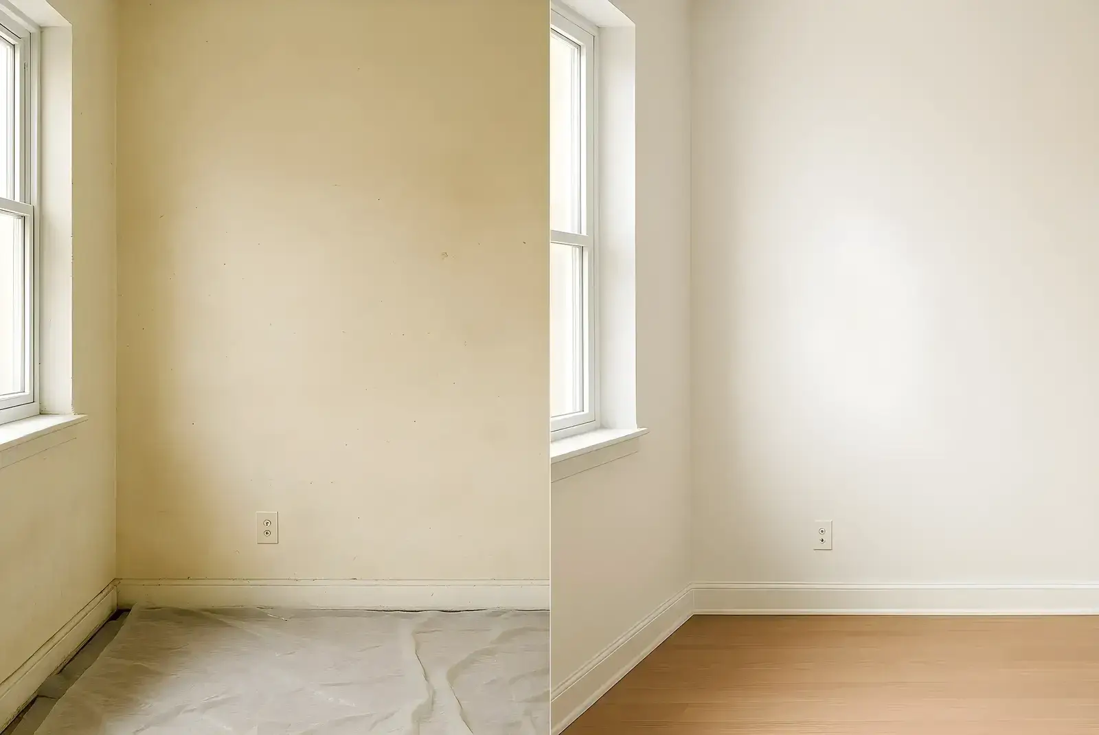 Antes y después de pintura interior en salón, trabajo de Los Pintores Segovia con paredes renovadas