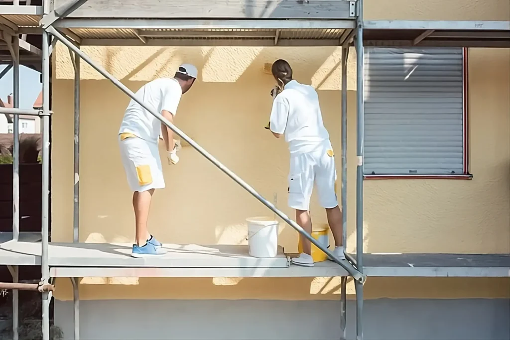 Los Pintores Segovia aplicando pintura exterior de alta calidad en fachada de vivienda